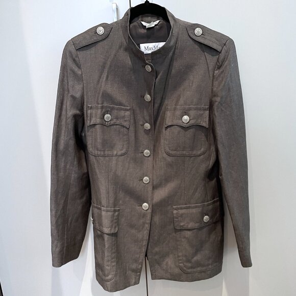Max Mara Military Brown Jacket Logo Buttons Linen/Wool Blend-Sz.10 - Picture 6 of 13